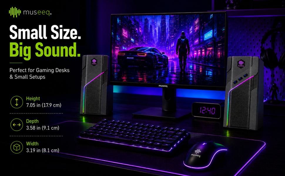 Compact RGB desktop speakers with powerful stereo sound for small setups