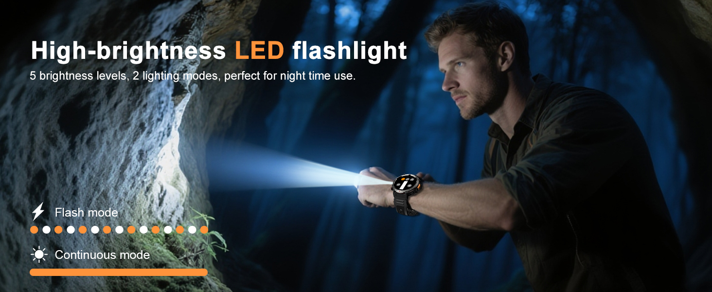 Built-in Flashlight, Two modes: steady on and blinking