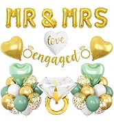 Sage Green Engagement Party Decorations, MR and MRS Balloons, Metallic Gold White Confetti Balloo...