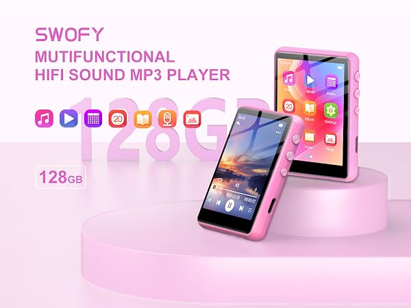 Swofy multifunctional HiFi sound MP3 player with 128GB storage. Pink device with touchscreen display showing colorful app icons. Second view shows landscape orientation on stand.