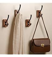 TOKCKYBL Coat Hooks Wall Mounted, 4-Pack Dark Walnut Wood Wall Hooks for Hanging Hats, Coats, Tow...