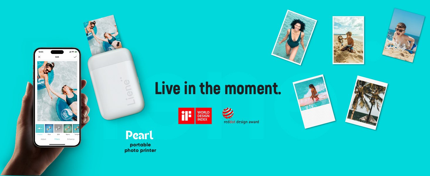 Portable photo printer with smartphone connectivity displayed on turquoise background, showing printed photo samples and 'Live in the moment' tagline.