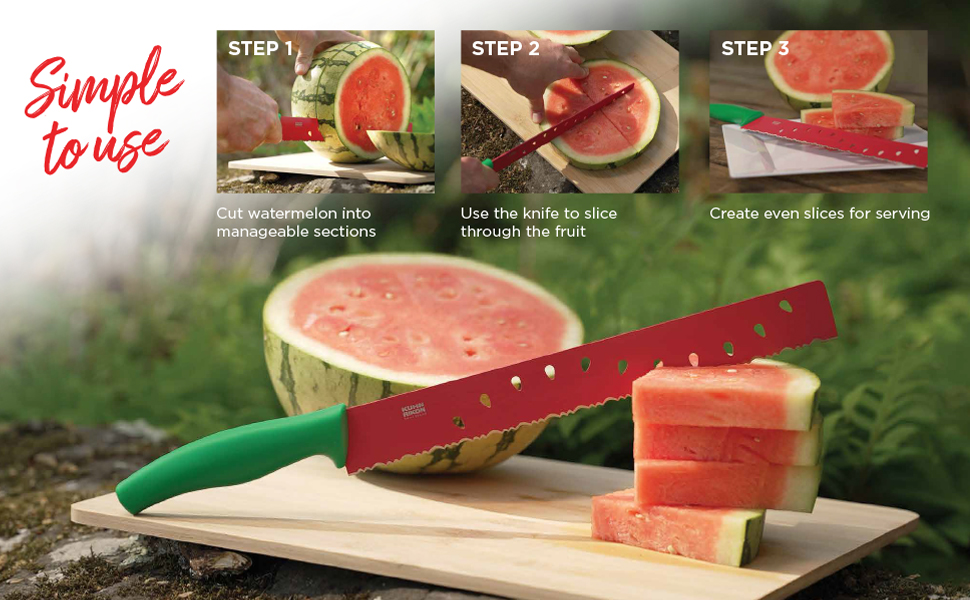 Step-by-step use of watermelon knife showing cutting, slicing, and serving watermelon pieces