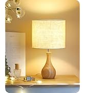 GOEBLESON Small Table Lamp, Wood Desk Lamp with Beige Linen Lampshade &amp; Natural Wood Bottle-Shape...