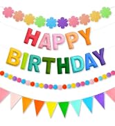 Pre-Strung Felt Happy Birthday Banner Decorations | 3D Felt Happy Birthday Banner with Fabric Flo...