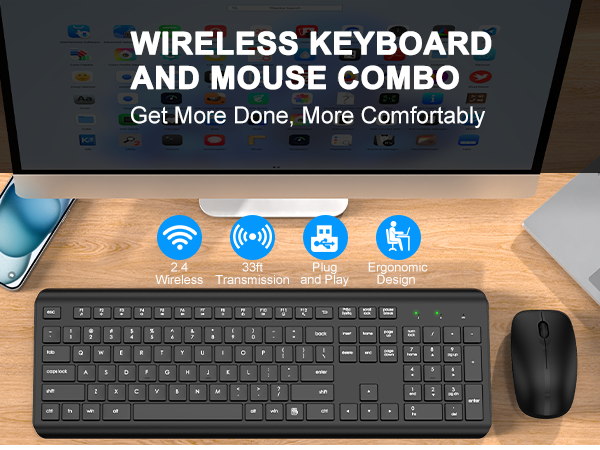 Wireless Keyboard and Mouse Combo, Full-Size Silent Ergonomic Keyboard and Optical Mouse