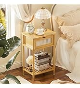 Bamboo Bedroom Nightstand, 2 Tier End Table, Bamboo Bedside Table, Boho Narrow Side Table with St...