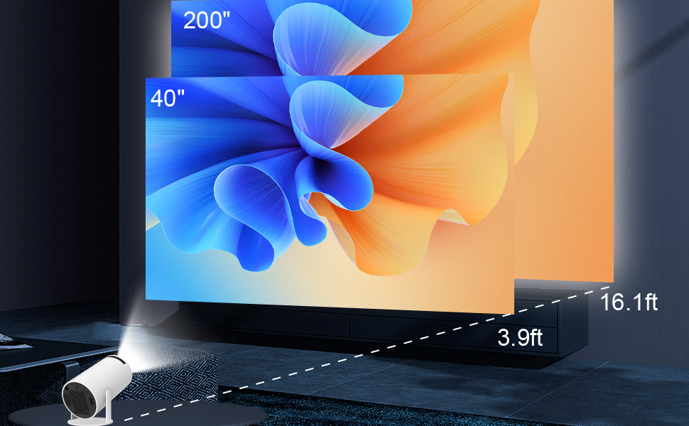 Projection diagram showing screen dimensions of 200" by 40" with throw distance measurements of 16.1ft and 3.9ft.