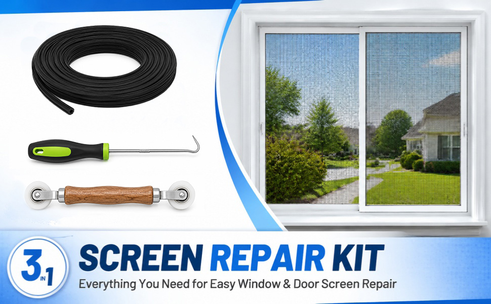 our 3-in-1 window screen repair tool kit includes a roller, removal hook, 32.8FT of 0.14&amp;#34; spline