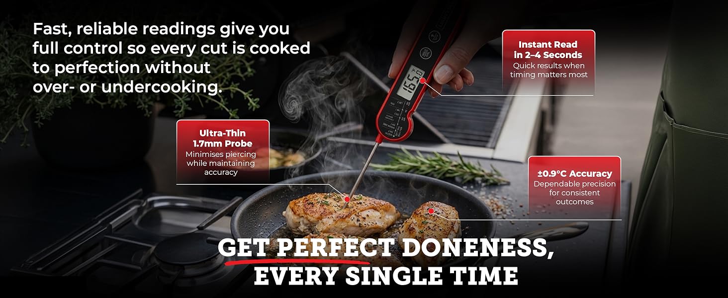 meat thermometer being inserted into a grilled steak showing instant temperature reading on display