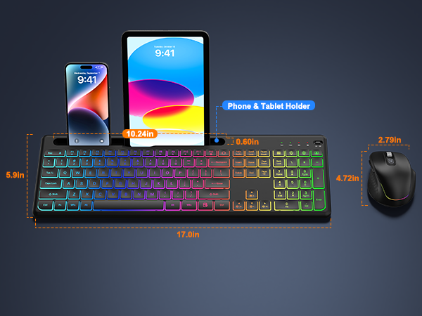 Wireless Keyboard and Mouse Combo -10 Colored Backlits, Phone Holder | Rechargeable