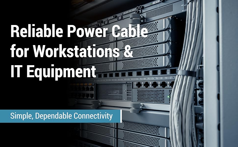 PC power cord featured in front of a server rack with text about workstation and IT equipment use.