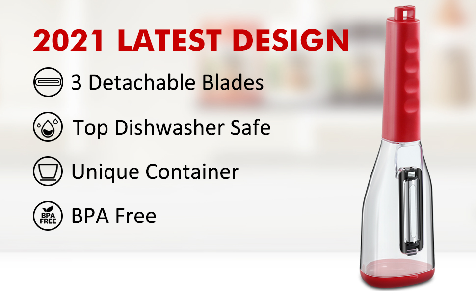 Red and clear handheld blender with detachable blades. Features listed: 3 detachable blades, dishwasher safe, unique container, BPA free. '2021 LATEST DESIGN' prominently displayed.