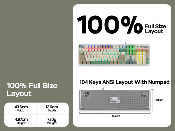 Text reads '100% Full Size Layout' and '104 Keys ANSI Layout With Numpad'. Product specification diagram showing keyboard dimensions and layout options with measurements.