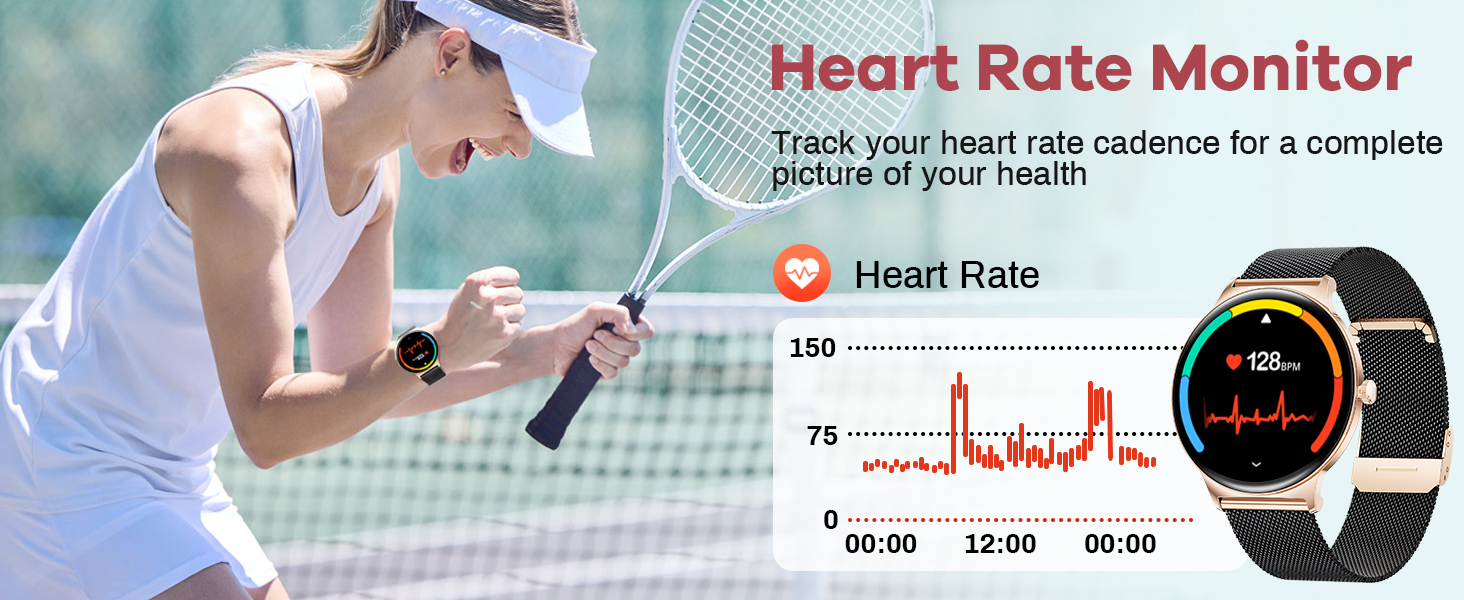 Smartwatch displaying heart rate monitoring interface with graph showing activity levels and digital readout against tennis court background.