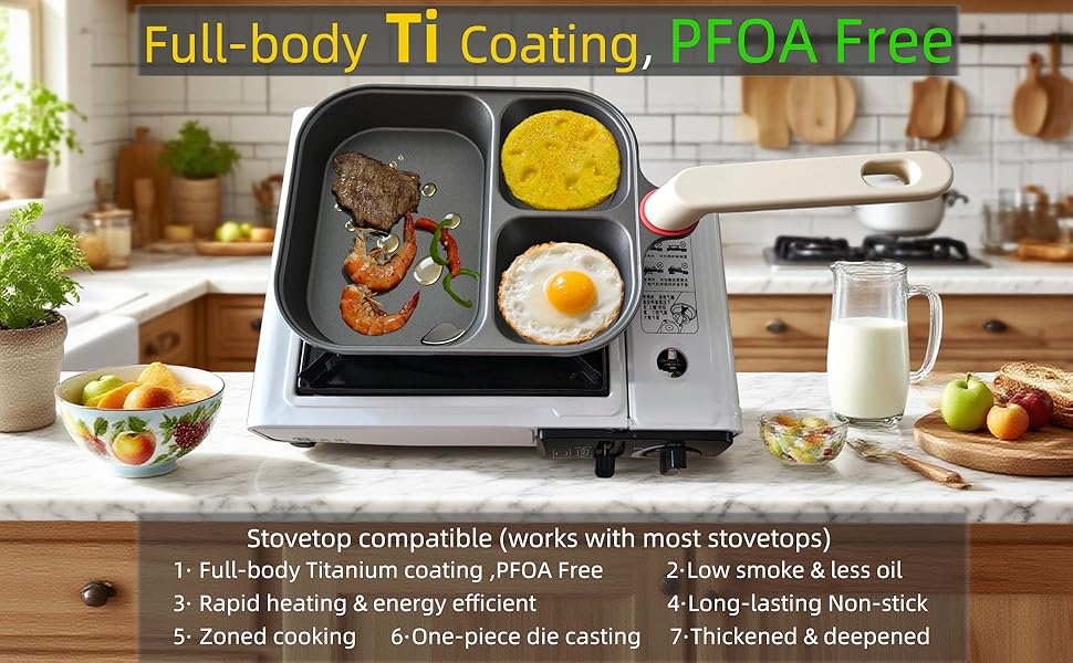 Upgraded Titanium Nonstick Divided Frying Pan, Deepened 3-Compartment Divided Breakfast Pan