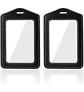 Larpur 2 Pack Leather Badge Holders, Double Sided Clear ID Badge Holder Vertical Card Holders for...