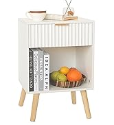 Fultyle White Nightstand, Modern Bedside Table with Drawer and Opening Storage, Fluted End Side T...