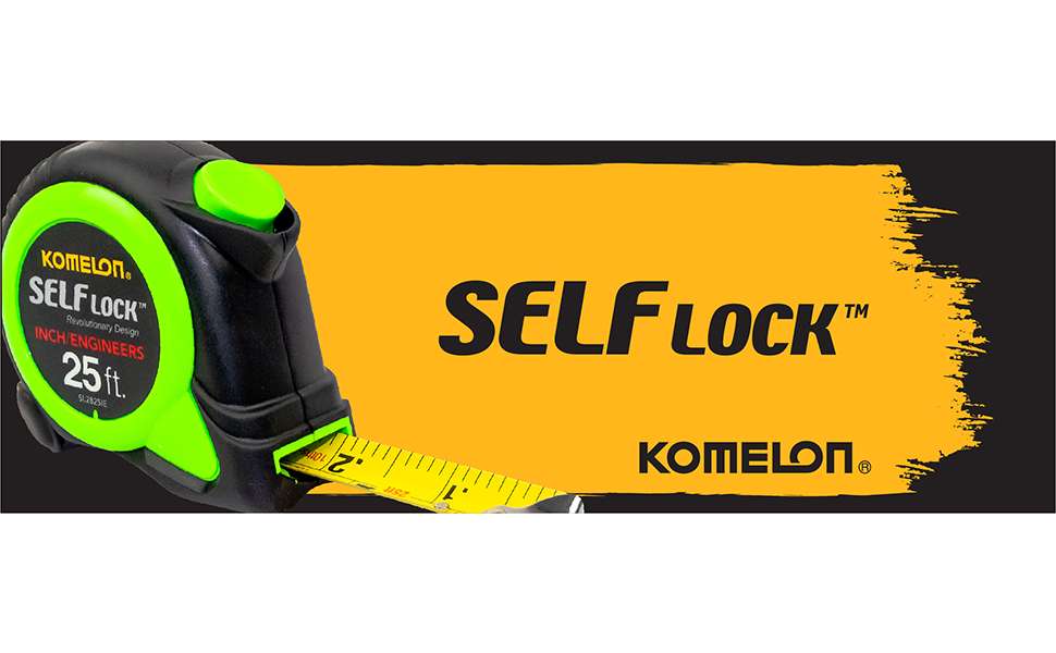 Green 25ft. inch engineer Komelon Self Lock on black and yellow background