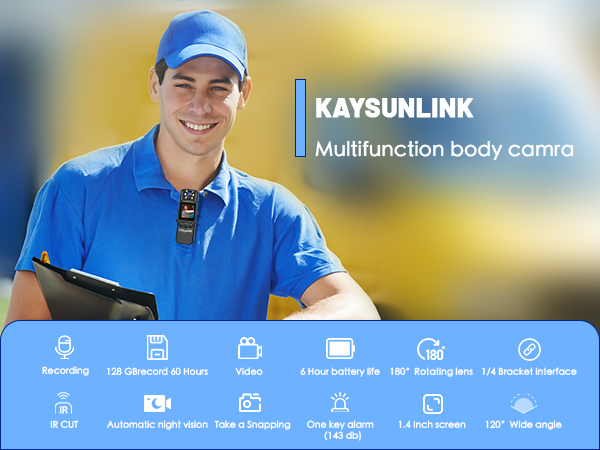 Kaysunlink Multifunctionn Body Camera support audio video recording 128gb memory