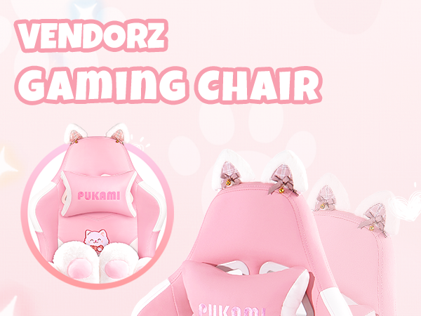 Gaming Chair with Cat Ears and Cat Paw Lumbar Cushion, Cute Ergonomic Gaming Computer Desk Chair