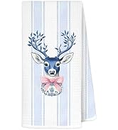 LRWHDFW Blue Striped Chinoiserie Christmas Reindeer Kitchen Towels, Preppy Xmas Deer Decorative H...
