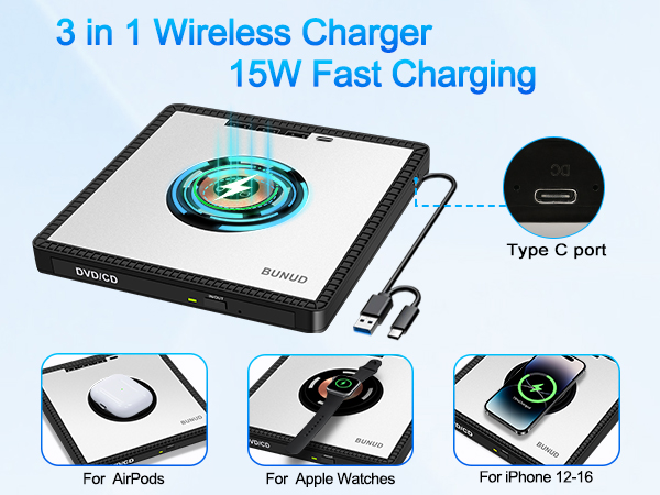 3 in 1 wireless charger 15W fast charging iPhone12-16 AirPods Apple Watches