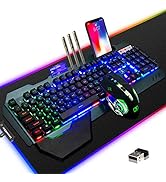 Wireless Gaming Keyboard Mouse & Mouse Pad Combo,3 in 1 Rainbow Backlit Rechargeable Keyboard wit...