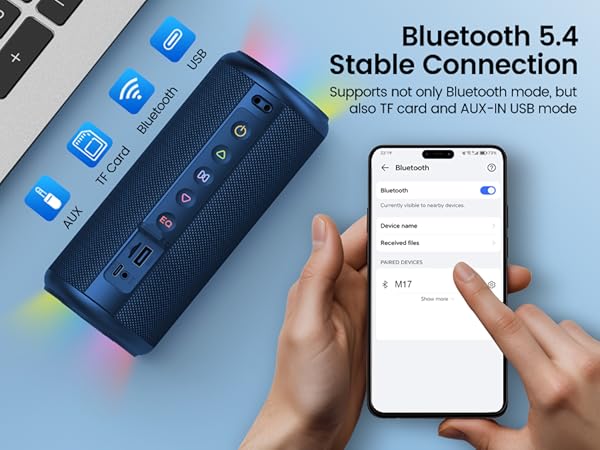 Text reads 'Bluetooth 5.4' and 'Stable Connection'. Series of images showing smartphone connectivity and Bluetooth pairing interface screens.
