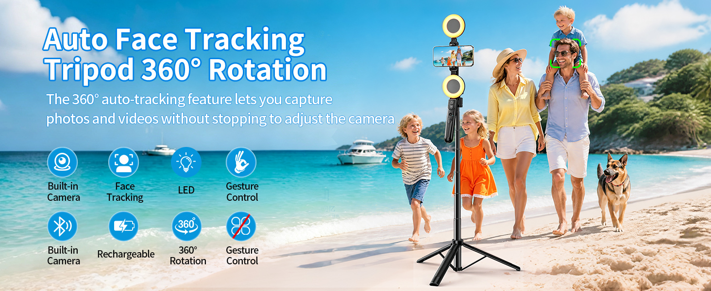 Text reads 'Auto Face Tracking' and 'Tripod 360° Rotation' with subtitle 'The fully auto-tracking tripod for filming'. Beach scene with people. Product features icons displayed including tracking and rotation capabilities.