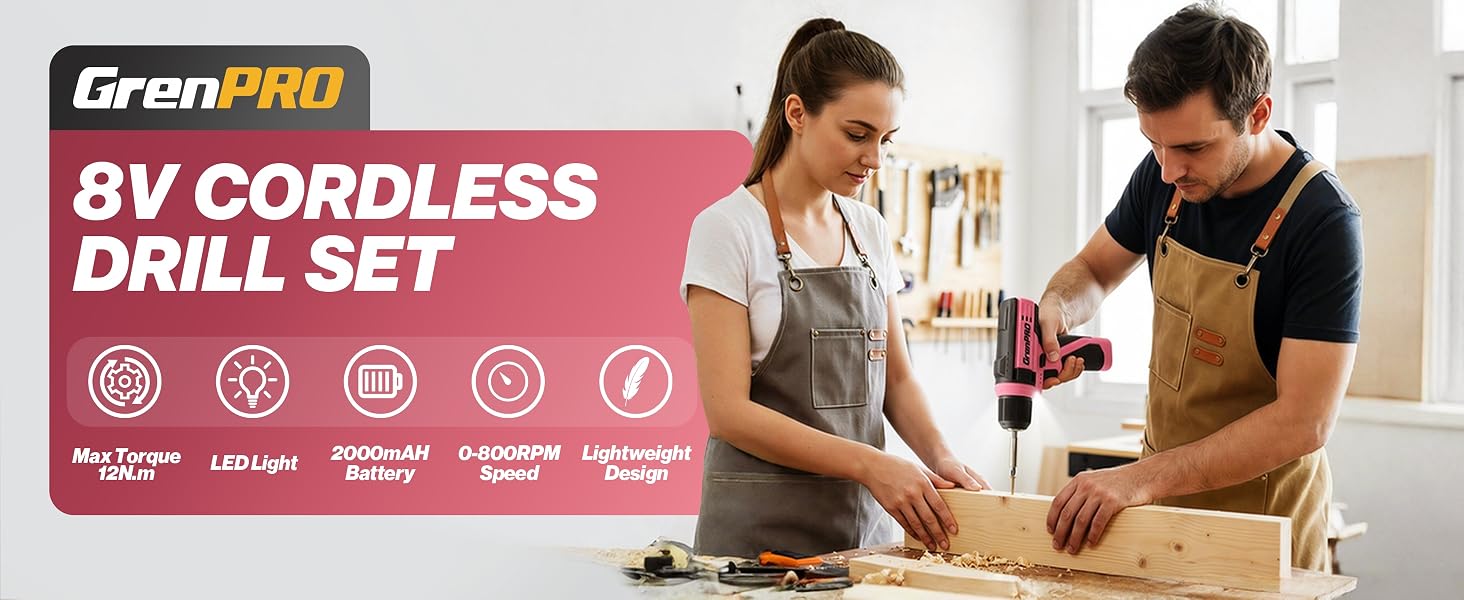 8V Pink Cordless Drill Set