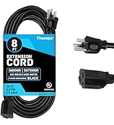 Thonapa 13 Amp Outdoor Extension Cord 8 ft, 16/3 SJTW 8 Foot Black Extension Cord 3 Prong, Weathe...