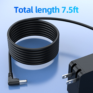 A coiled power adapter cable labeled with a total length of 7.5 feet.
