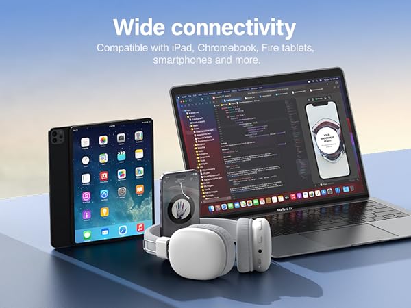 Multiple devices showcasing wide connectivity: laptop displaying code, tablet with app icons, smartphone, and white over-ear headphones. Text indicates compatibility with various devices.