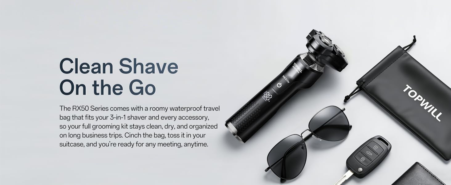 includes a waterproof travel bag that holds your 3-in-1 shaver and accessories on trips