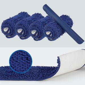 a roll of blue cotton fabric and a roll of white cotton fabric