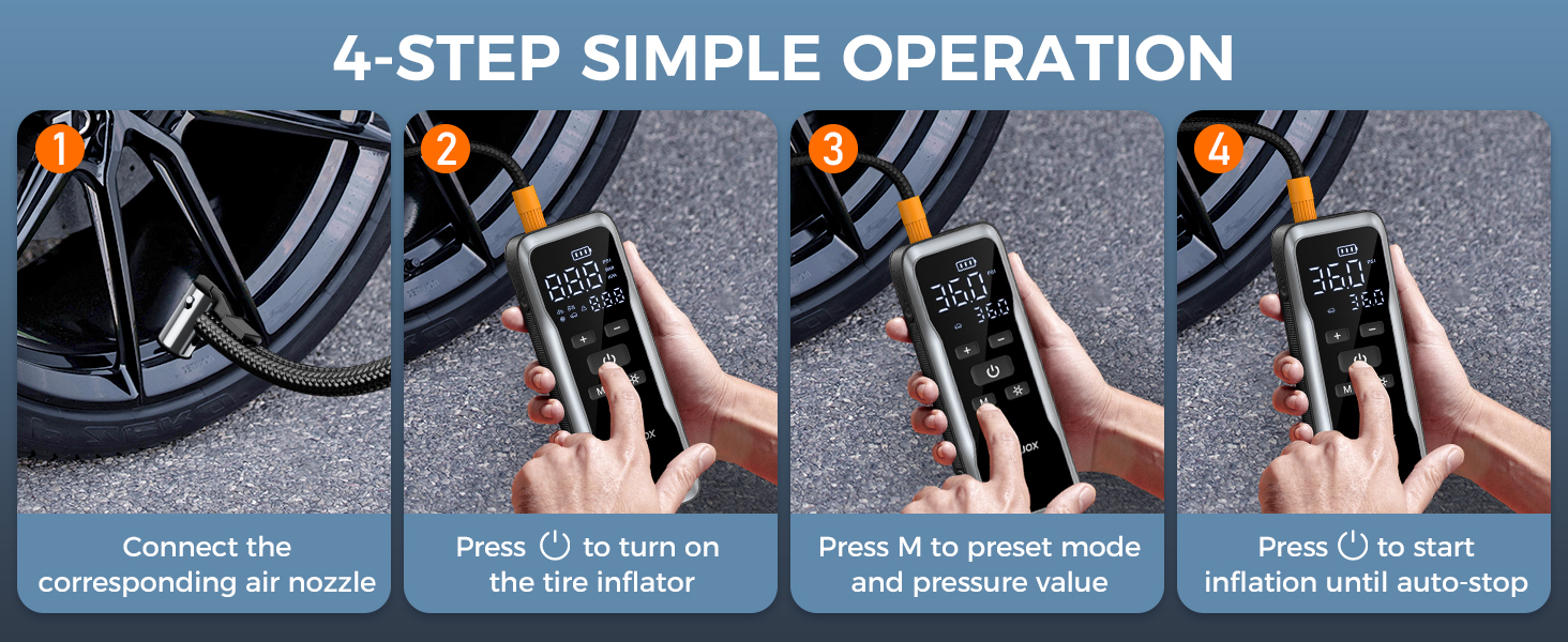 Easy Use Air Compressor With Four Steps, One Button Preset, Hands-Free Operation And Auto Stop