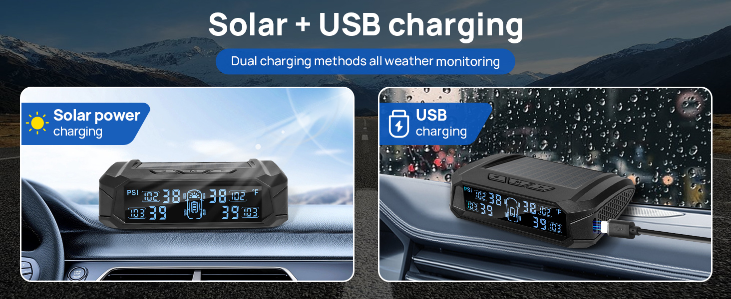 Masoll Tire pressure monitor is solar and USB charging,dual chargeing ensure monitoring all weather