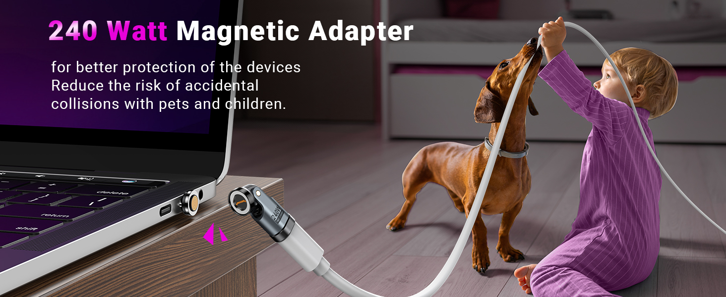 240 Watt Magnetic Adapter for laptops shown with dog and person, highlighting protection against accidental disconnections caused by pets or children.