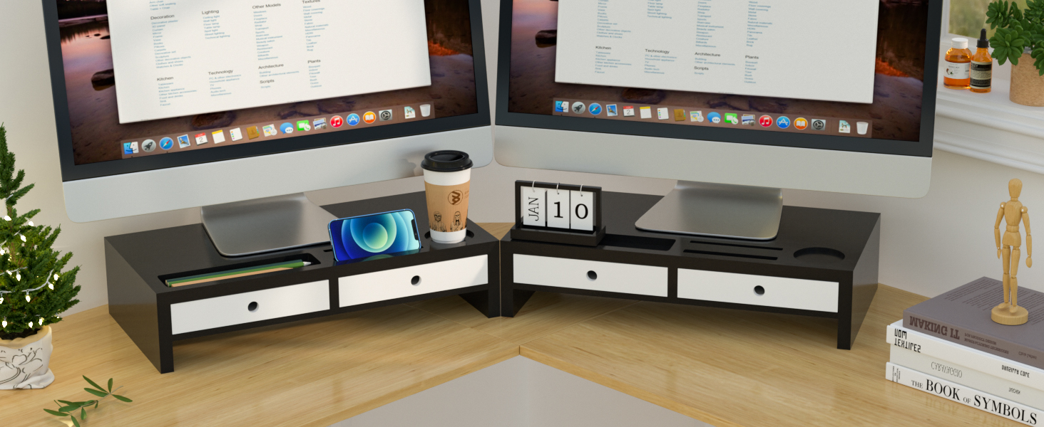 Two Black and White Monitor Stands