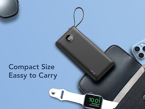 Compact portable charger with carbon fiber texture, shown alongside smartphone, smartwatch, and earbuds case. Text highlights its compact size and ease of carrying.