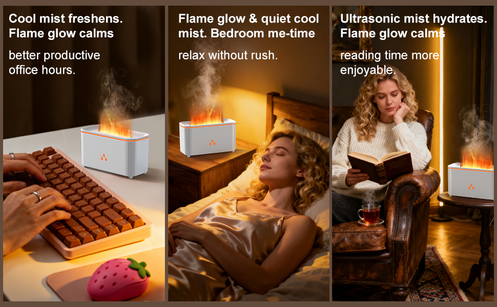 Flame glow &amp; quiet cool mist. Bedroom me-time—relax without rush.