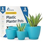 Blue Plant Pots with Drainage Holes &amp; Saucers 5 Pack, Indoor &amp; Outdoor Stackable Space-Saving Pla...