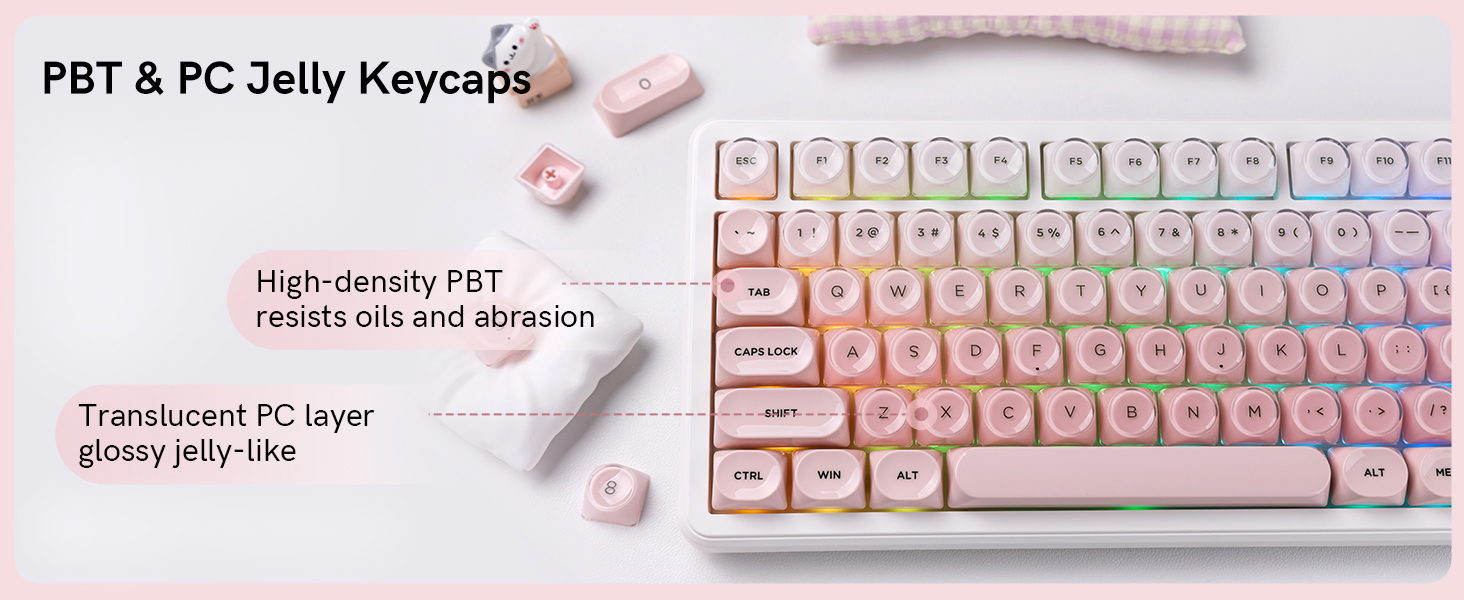 Premium PBT + PC 128-key keycaps, soft translucent finish