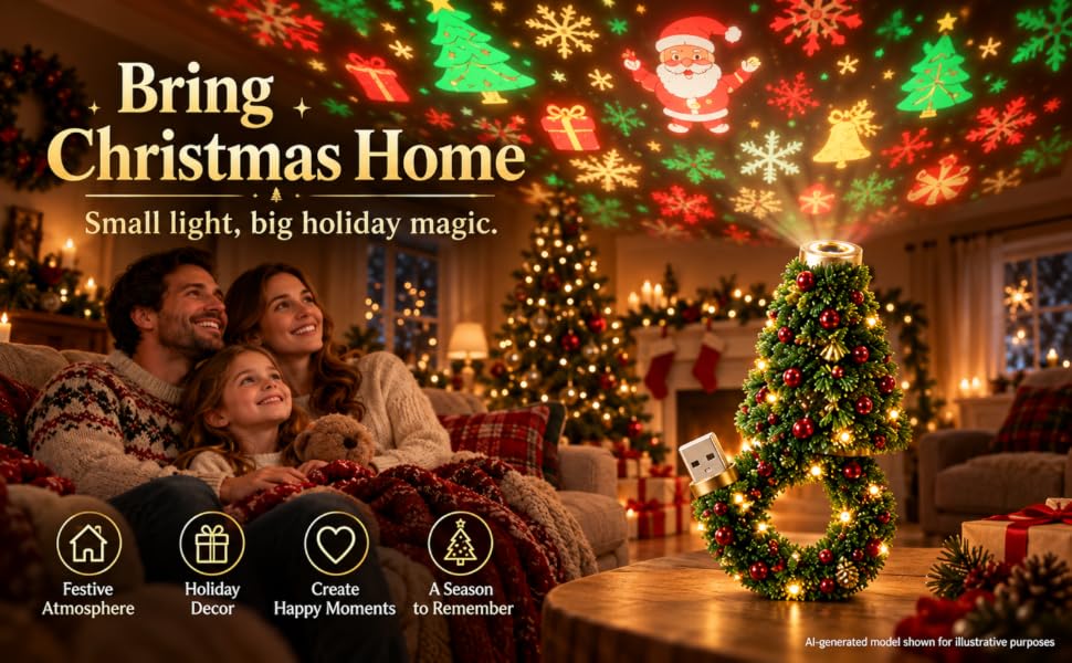 Christmas Projector Light, USB Holiday Projector for Wall Ceiling Decor