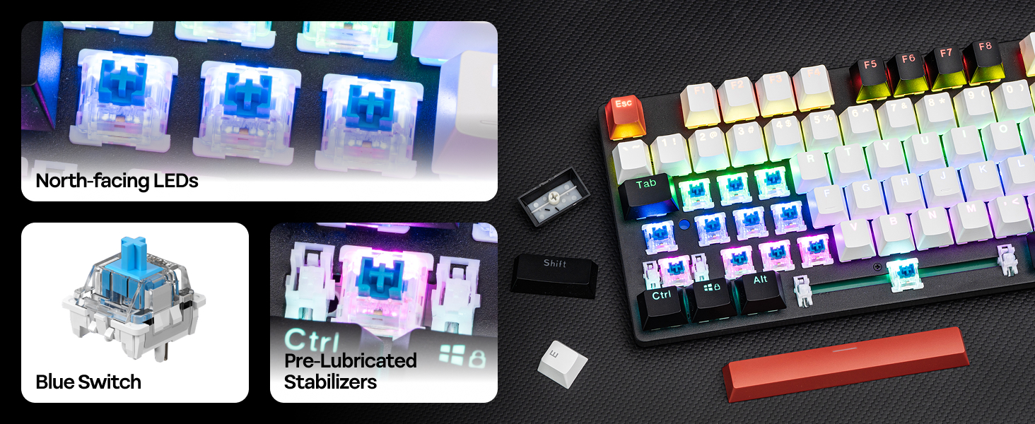 Text reads 'North Racing LEDs', 'Blue Switch'. Multiple mechanical keyboard switches displayed in a row showing LED illumination through transparent housings.