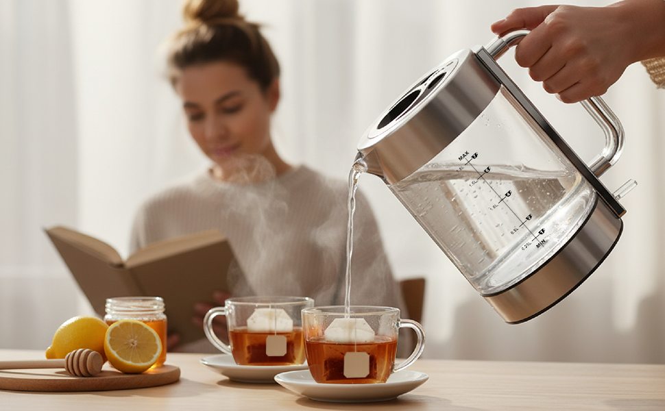 Tea Kettle Cordless with Borosilicate Glass Water Boiler, Stainless Steel Base, Acrylic Handle