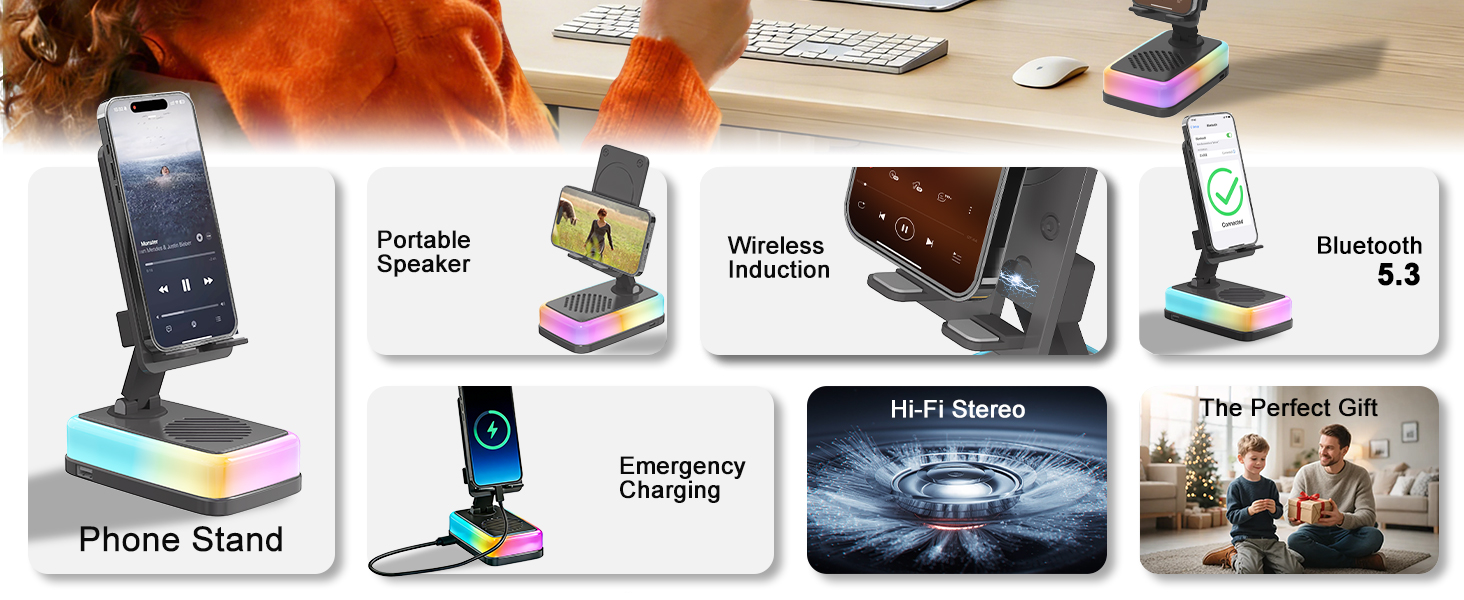 Induction bluetooth speaker for iphone with emergency USB charging port and 3000mAh power support.