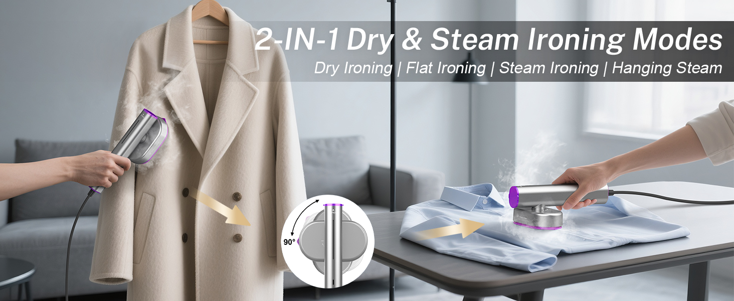 2-In-1 Dry&amp;amp;amp;amp;amp;Steam Ironing Modes: Dry Ironing, Flat Ironing, Steam Ironing, Hanging Steam