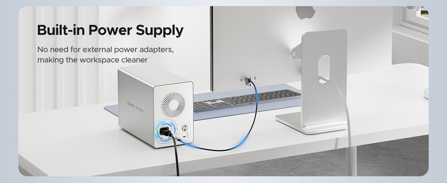 Built-in power supply unit mounted under desk or shelf, highlighting clean workspace benefits without external adapters.